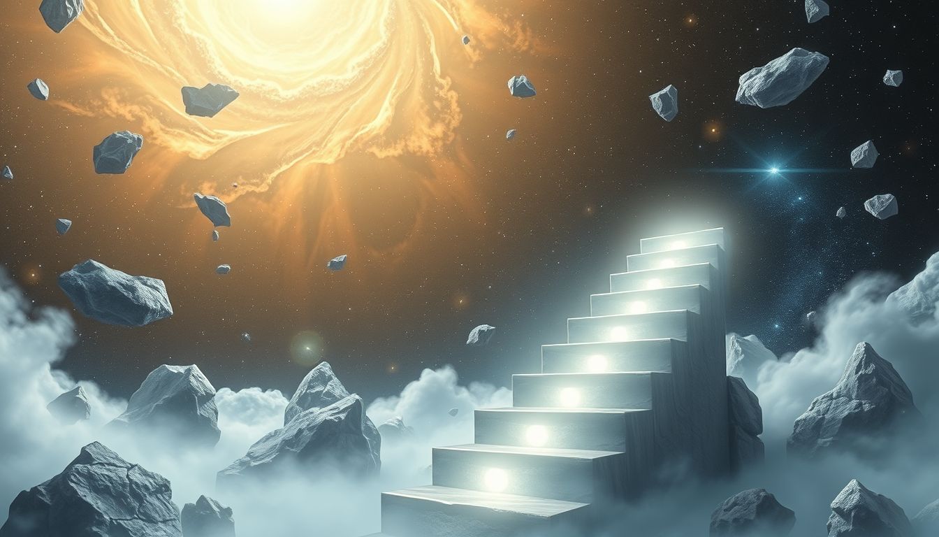 Eine steinerne Himmelsleiter symbolisiert festen Lebensfortschritt und Stabilität.