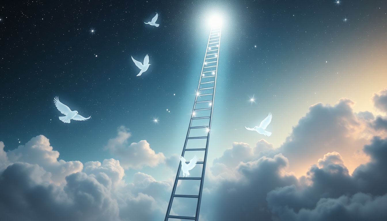 Tiere auf Himmelsleitern symbolisieren spirituelle Führung und Transformation.