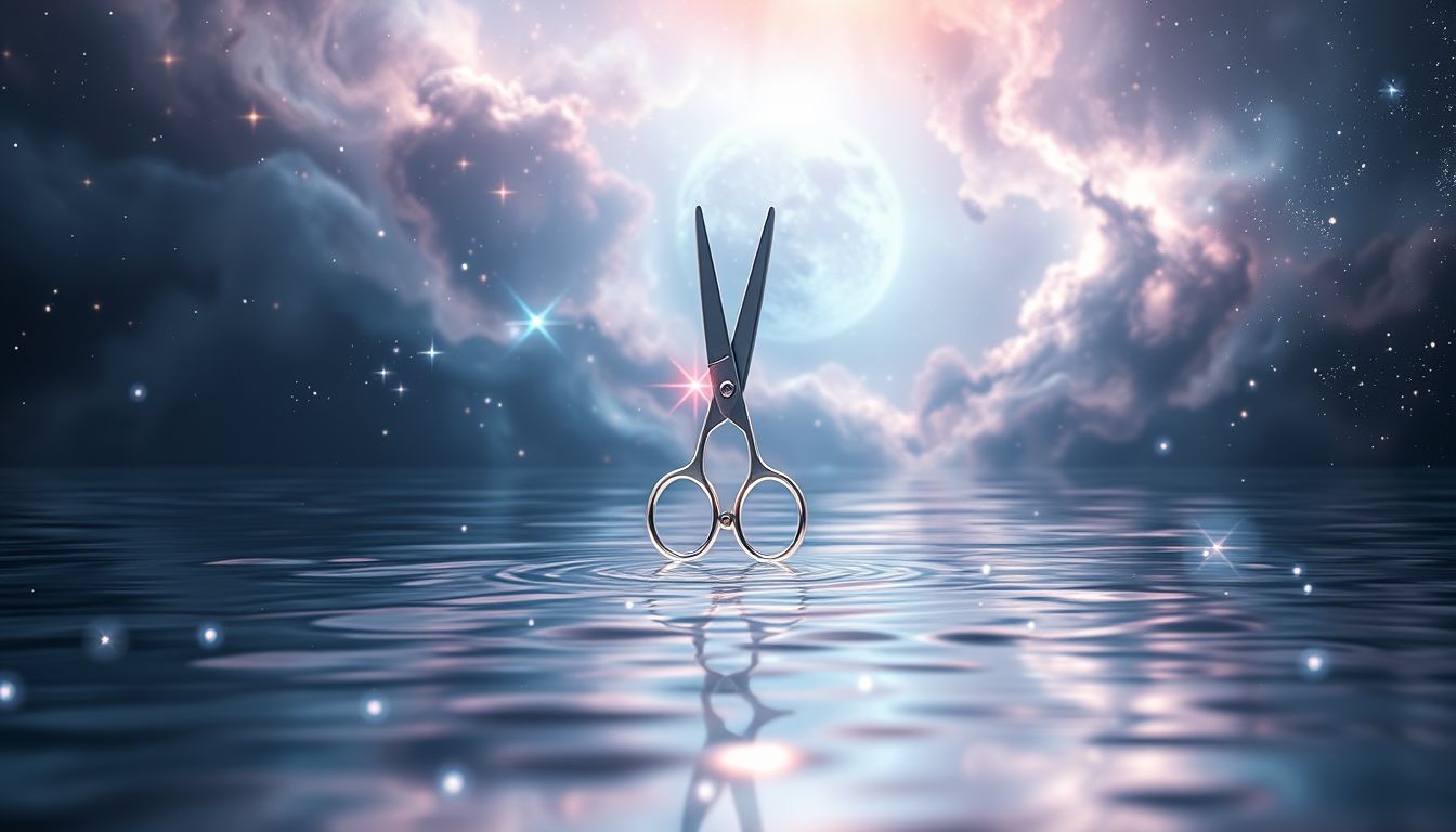 Eine schwimmende Schere symbolisiert emotionale Trennung und Unsicherheit.