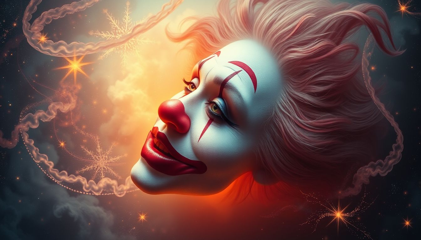 Ein Clown mit übertriebenem Make-up symbolisiert versteckte Emotionen.