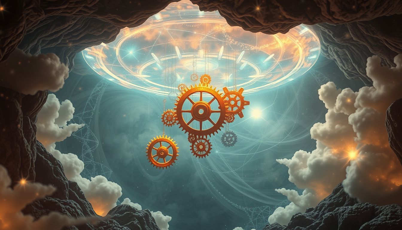 Ein unterirdisches Räderwerk symbolisiert verborgene Lebensmechanismen und Kontrolle.