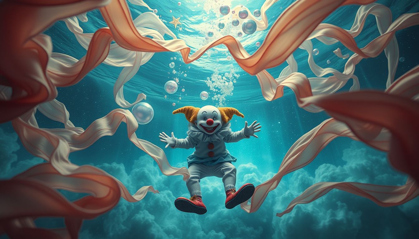 Ein Clown unter Wasser symbolisiert versteckte Emotionen und Ängste.