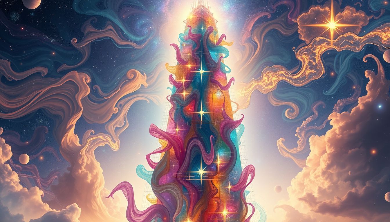 Ein Hochhaus voller Kunst symbolisiert kreative Höhen und persönliche Entfaltung.