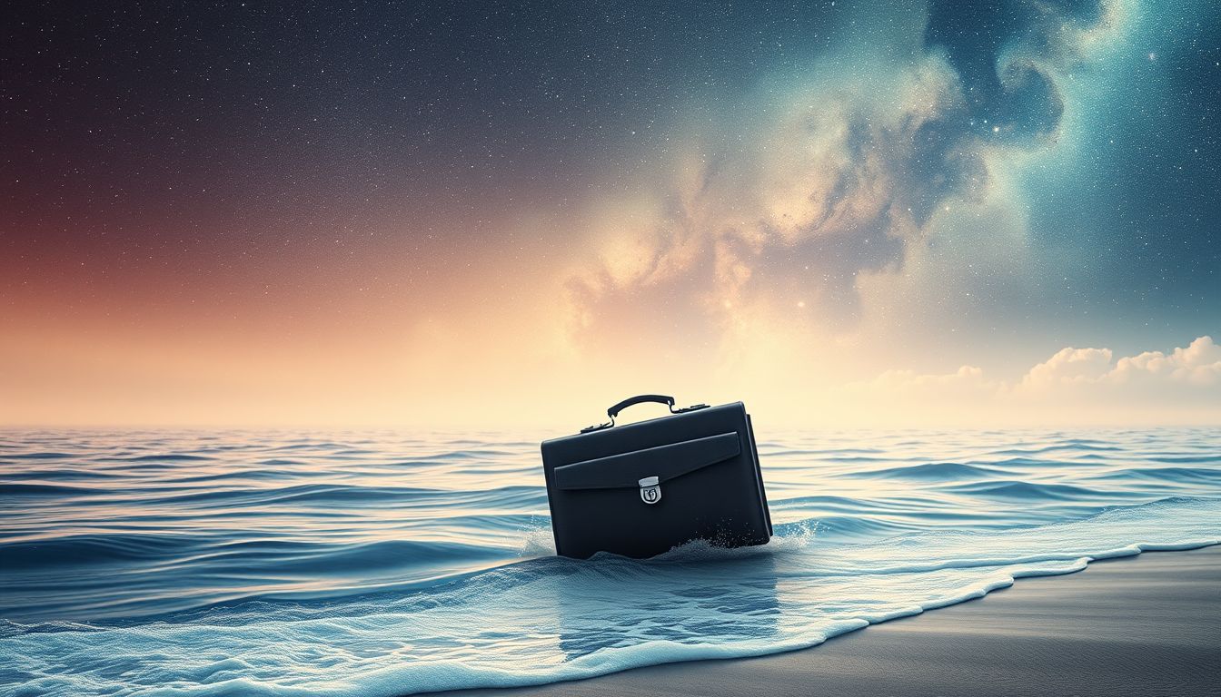 Eine Aktentasche am Strand symbolisiert berufliche Freiheit und Erholung.