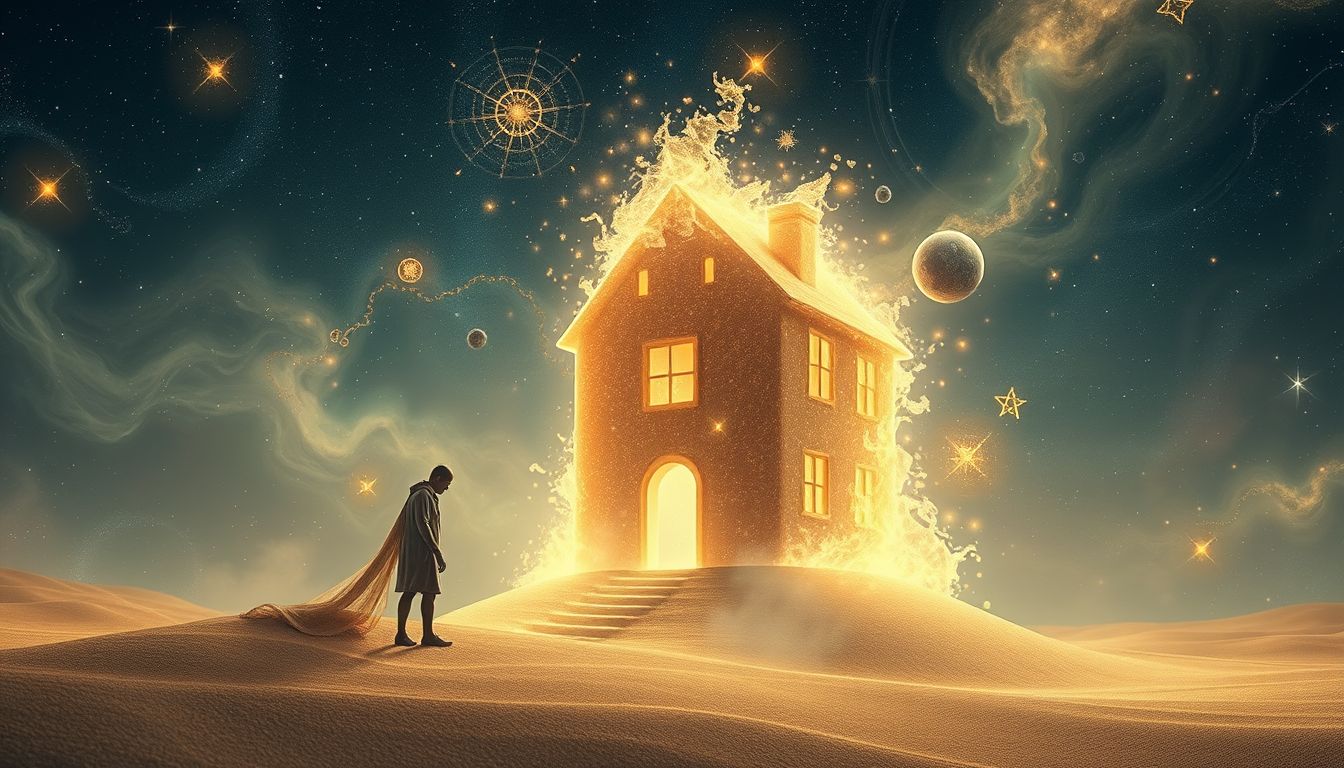Ein Haus aus Sand symbolisiert fragile Lebenspläne und Unsicherheiten.