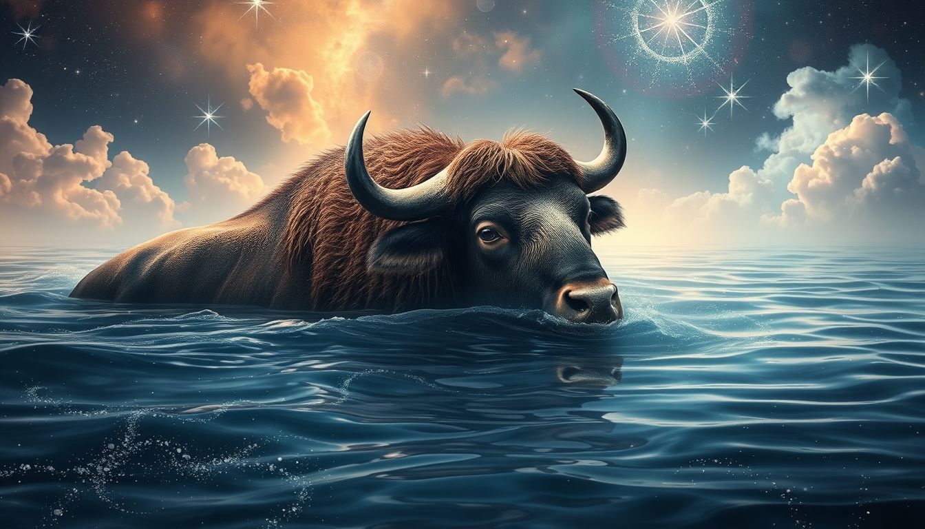Ein Büffel im Wasser symbolisiert tiefgreifende emotionale Transformation und Heilung.
