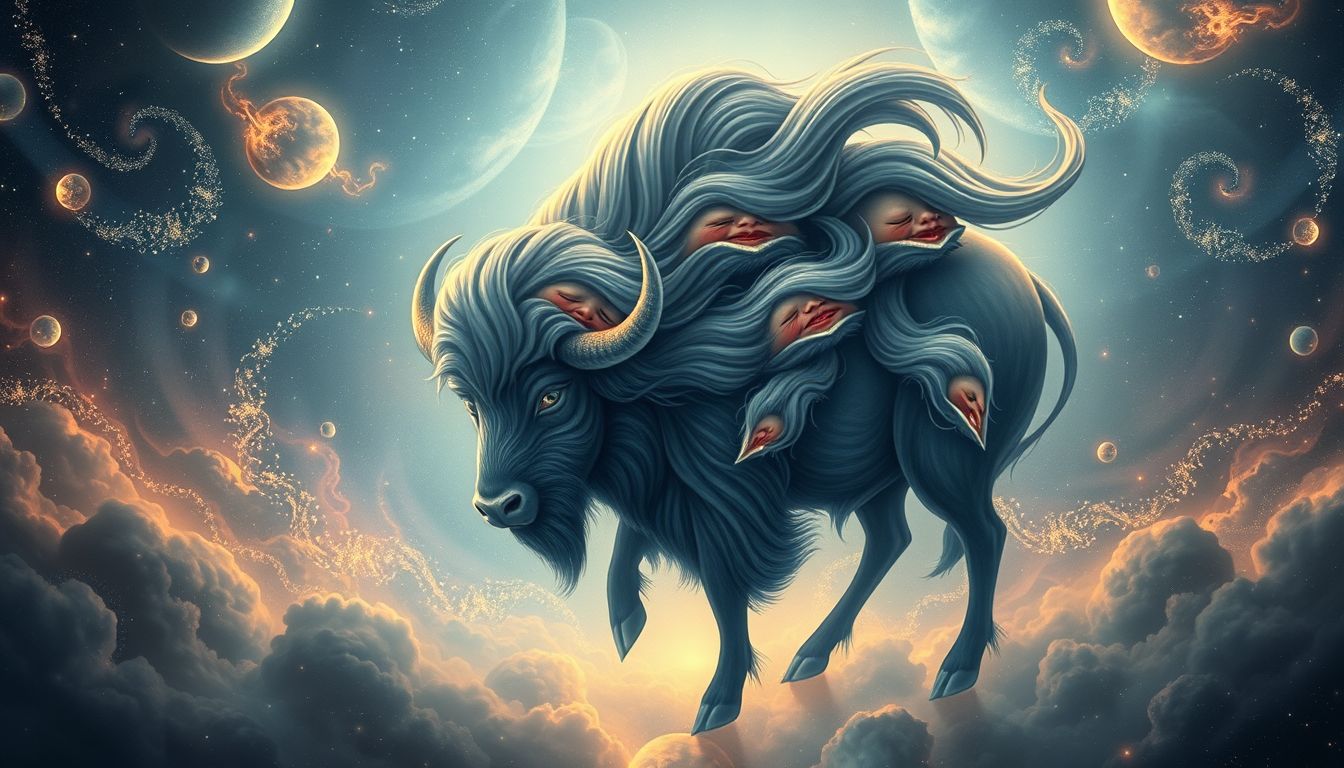 Ein mehrköpfiger Büffel symbolisiert innere Konflikte und Überforderung.