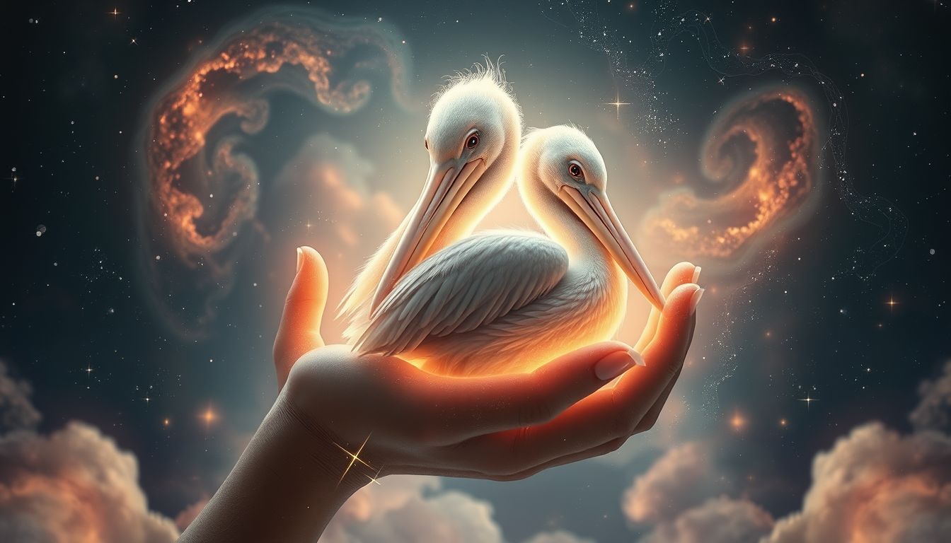 Ein verletzter Pelikan symbolisiert Heilung und Selbstfürsorgebedarf.