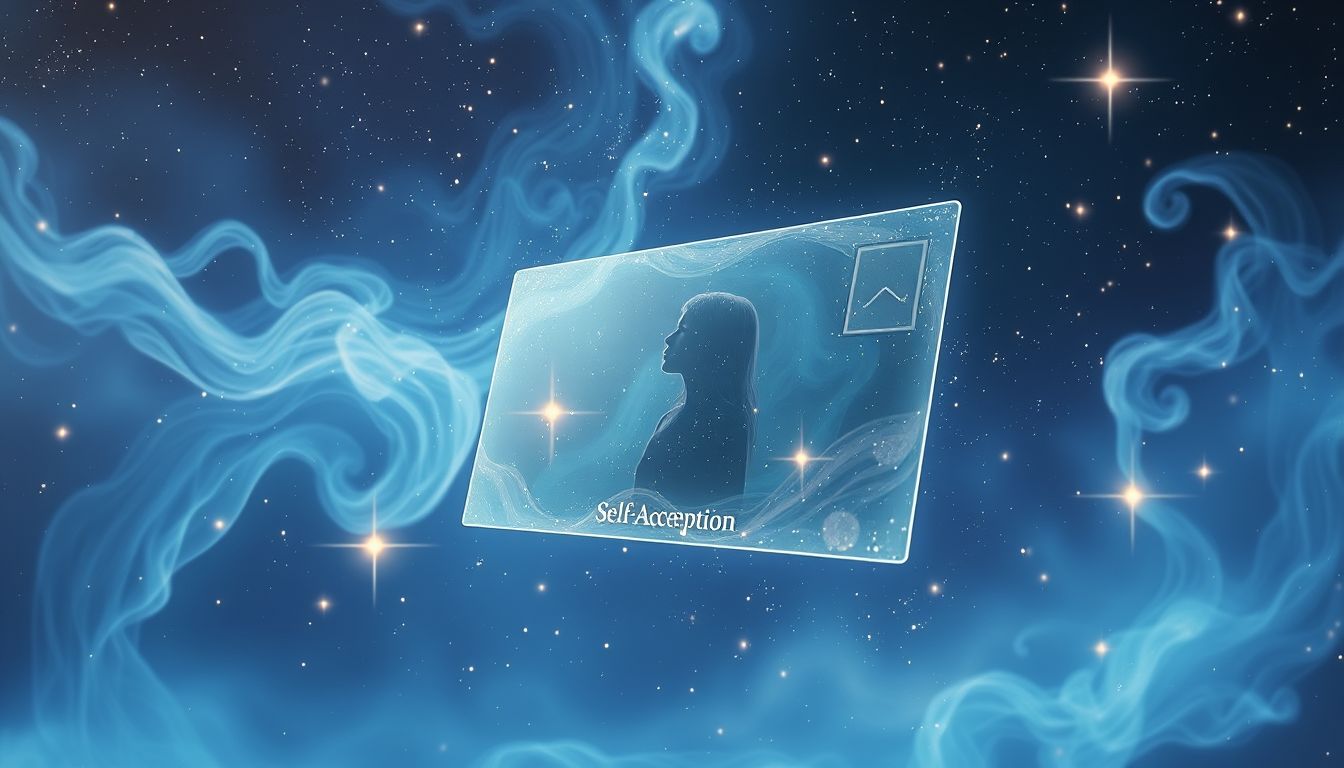 Eine Postkarte mit Spiegelbild symbolisiert innere Selbstakzeptanz und Reflexion.