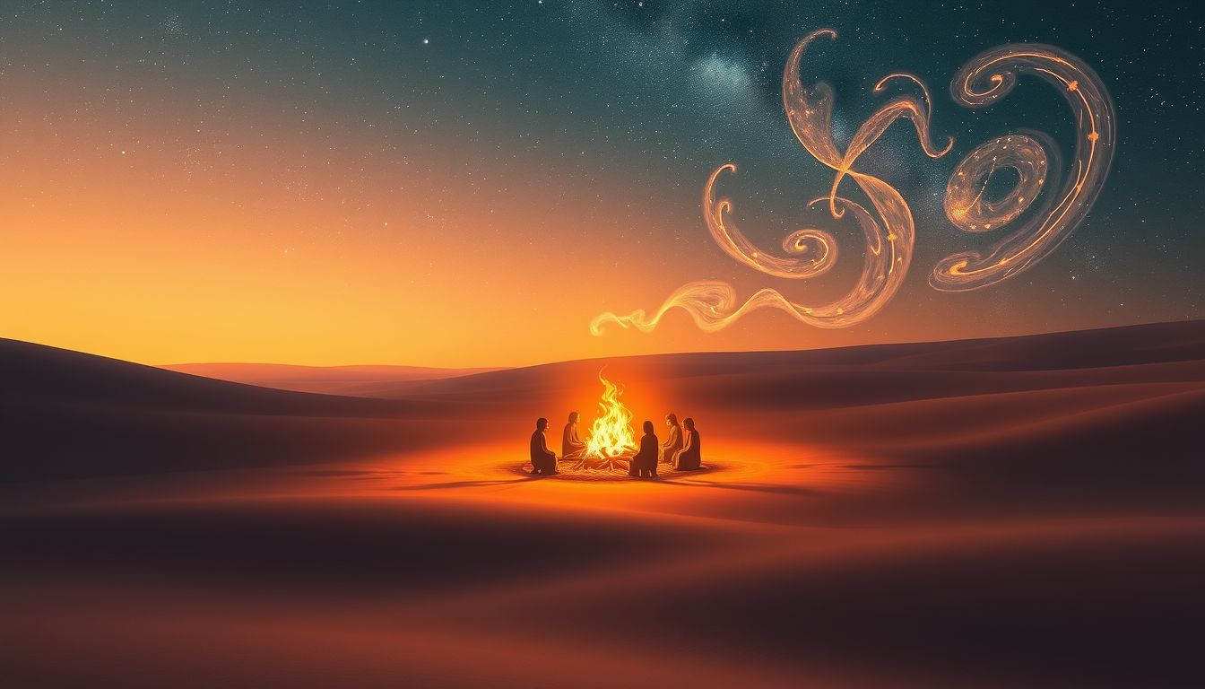 Ein Lagerfeuer in der Steppe symbolisiert innere Wärme und Gemeinschaft.