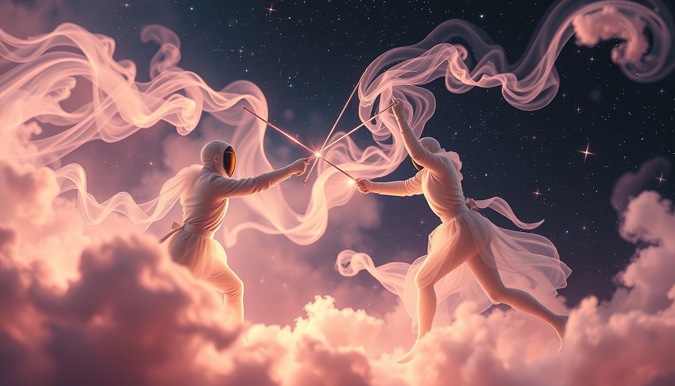 Fechten in Zeitlupe symbolisiert kontrollierte Konflikte und bewusste Entscheidungen.