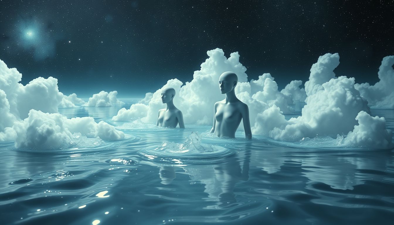 Schaufensterpuppen im Wasser symbolisieren emotionale Unsicherheit und Kontrolleverlust.