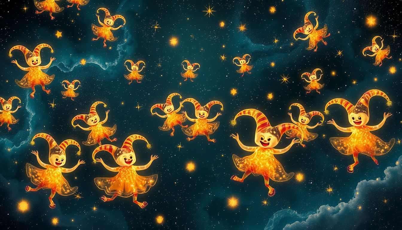 Traum 30 symbolisiert kreative Freude und soziale Lebendigkeit durch Witzbolde.