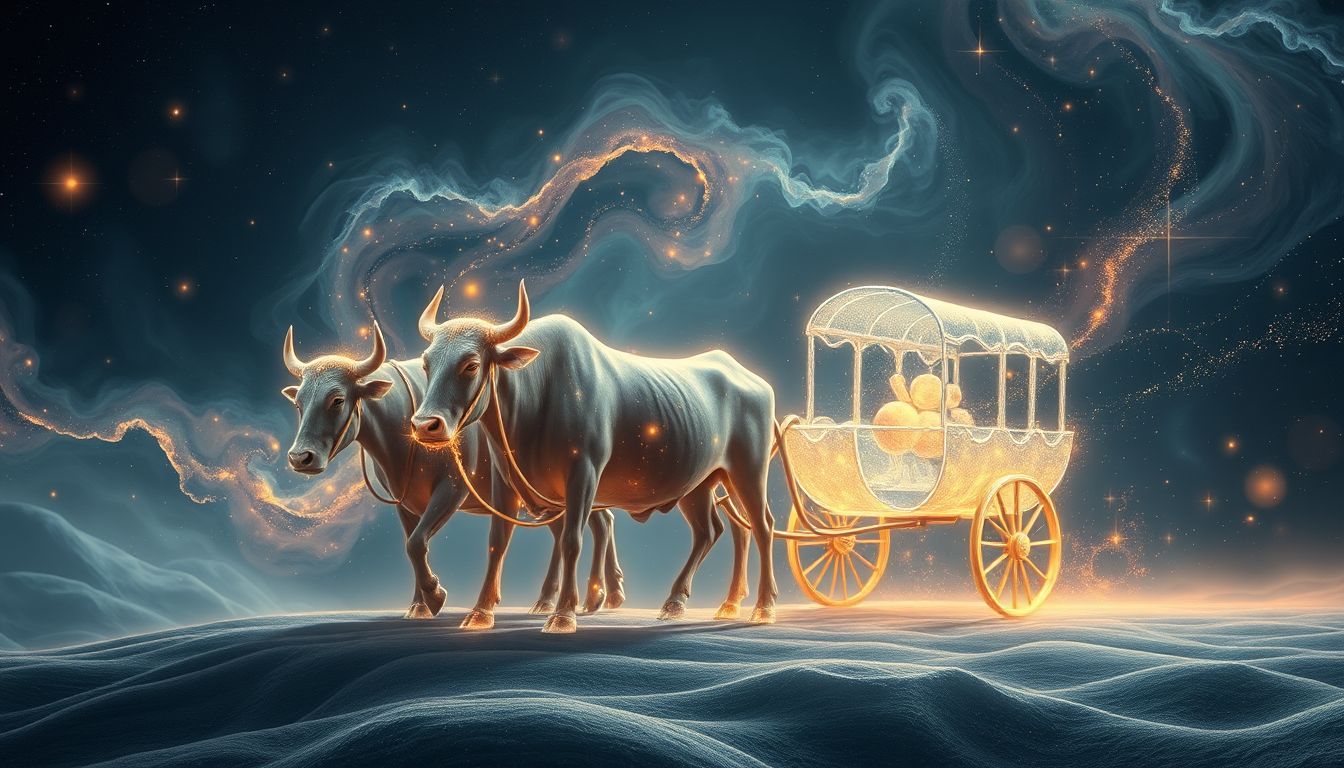 Elf Ochsen ziehen gemeinsam einen Wagen, Symbol für Zusammenarbeit.