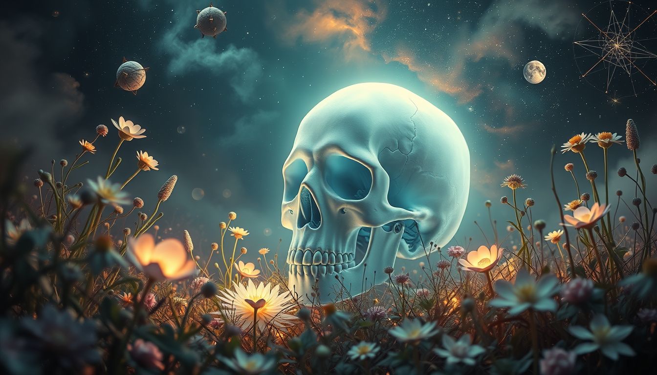 Ein Schädel im Garten symbolisiert verborgene Ängste und Geheimnisse.