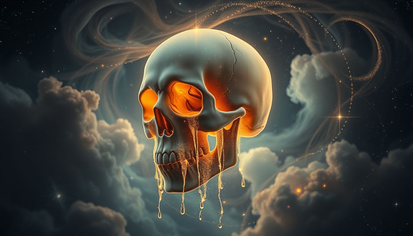 Ein weinender Schädel symbolisiert verdrängte Trauer und ungelöste Konflikte.