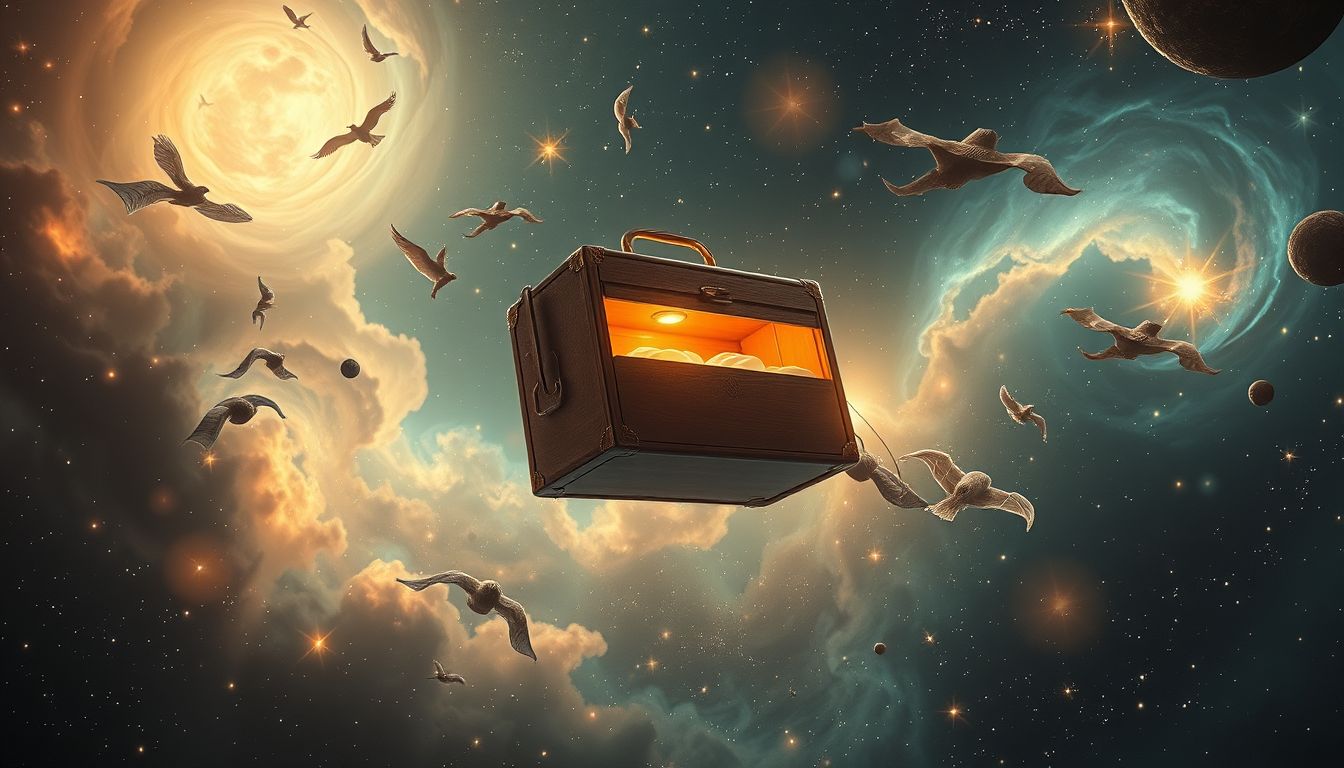 Ein fliegender Nähkasten symbolisiert kreative Freiheit und grenzenlose Möglichkeiten.