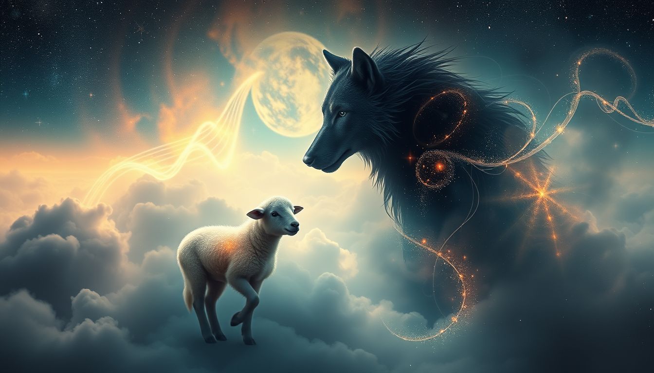 Ein Lamm vor einem Wolf symbolisiert Angst vor Bedrohung.