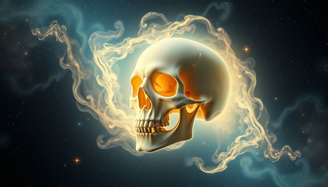 Ein drehender Schädel symbolisiert oft Veränderung und Vergänglichkeit.