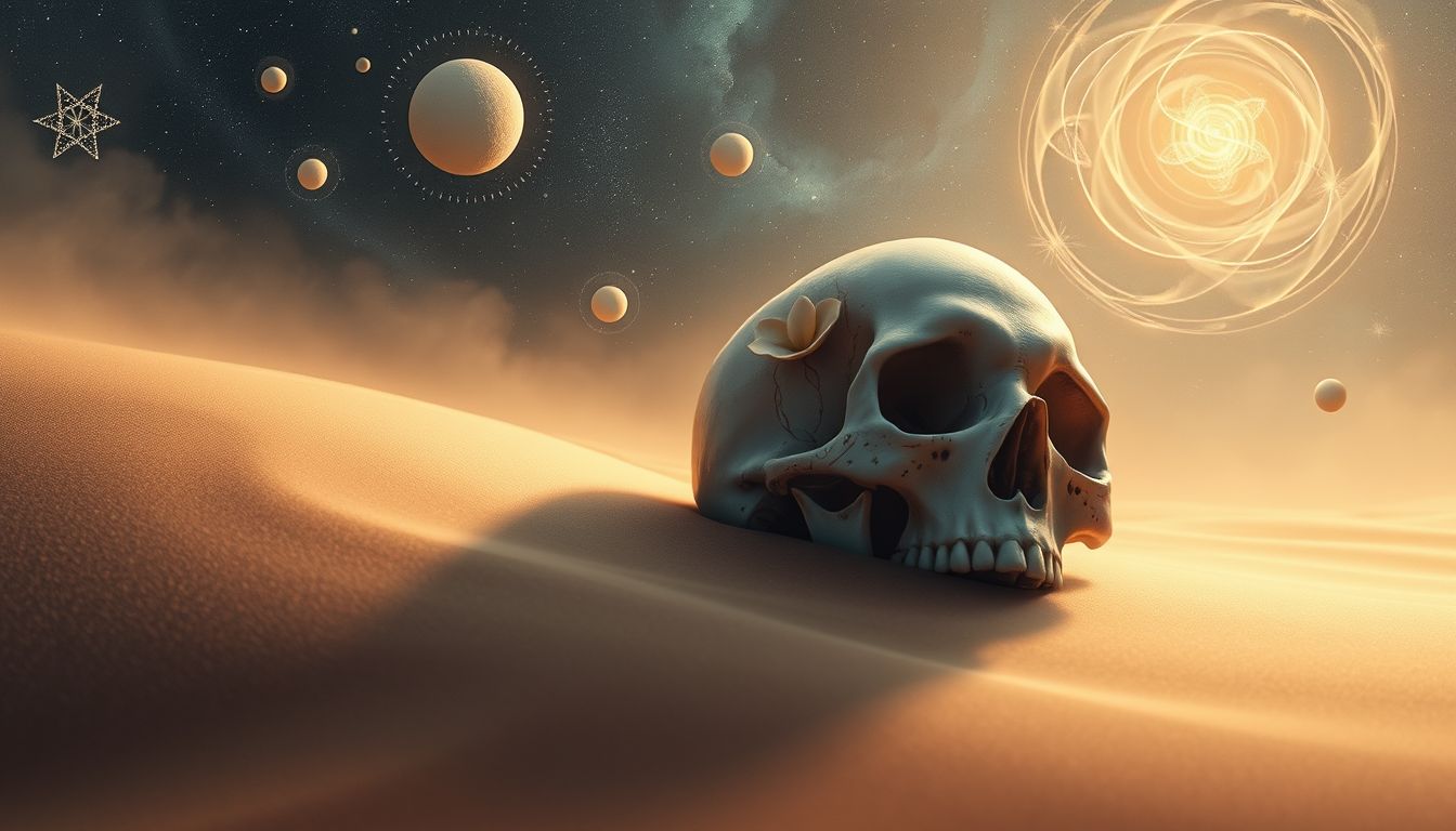 Ein Schädel im Sand symbolisiert verborgene Geheimnisse oder Vergänglichkeit.
