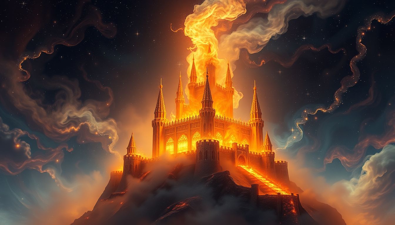 Eine brennende Burg symbolisiert oft zerstörte Sicherheit und Transformation.