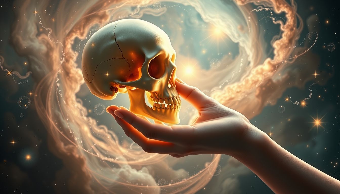 Einen Schädel küssen symbolisiert oft Annahme der Vergänglichkeit.