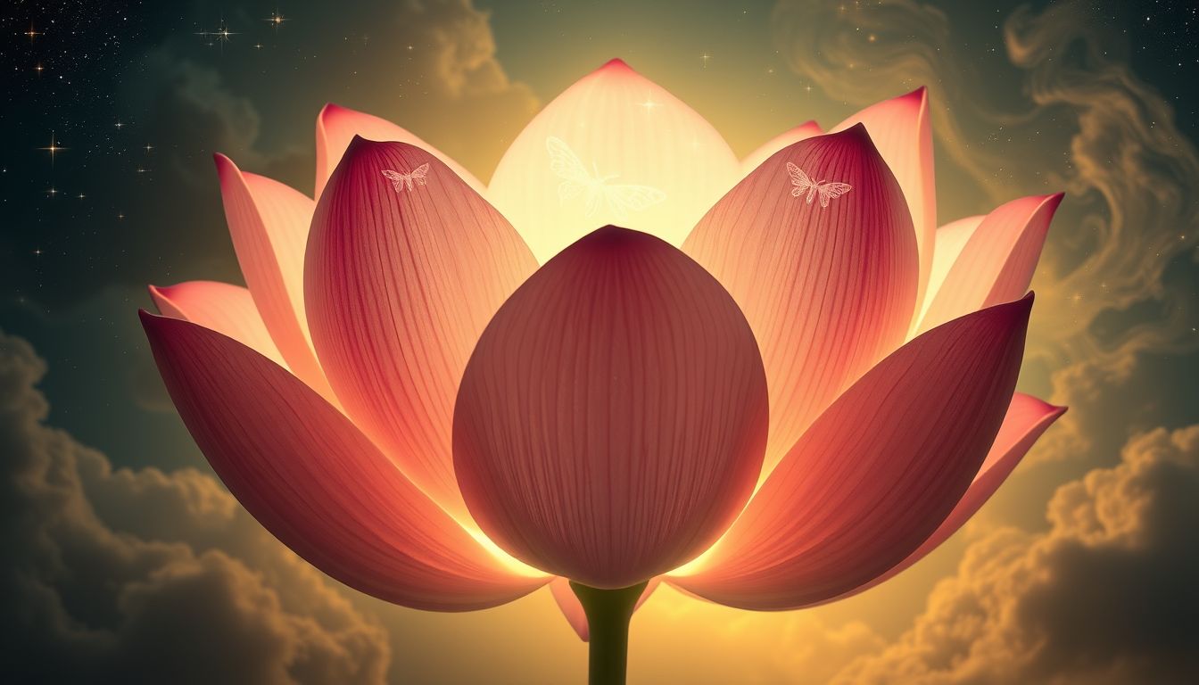 Lotusblüten mit Insekten symbolisieren oft innere Konflikte und Wachstum.