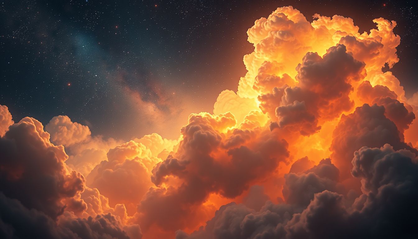 Brennende Wolken symbolisieren oft innere Konflikte und Transformation.