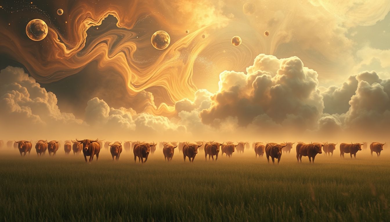 Viele Ochsen auf einer Weide symbolisieren Wohlstand und Gemeinschaft.