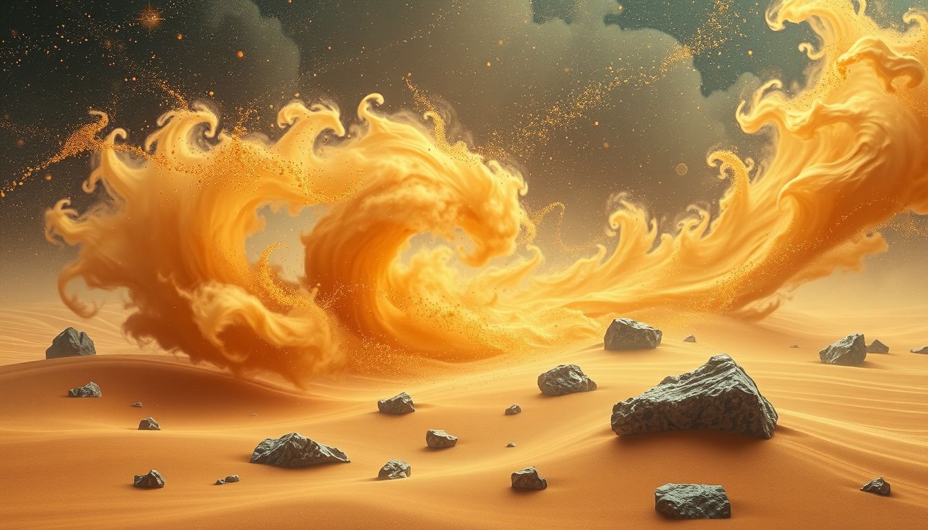 Ein plötzlicher Sandsturm im Ödland symbolisiert unerwartete Lebenskrisen.