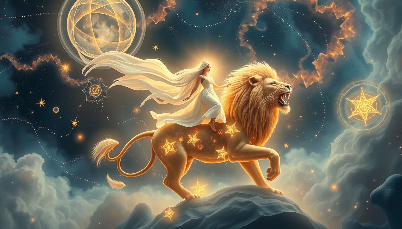 Auf einem Löwen reiten symbolisiert innere Stärke und Kontrolle.
