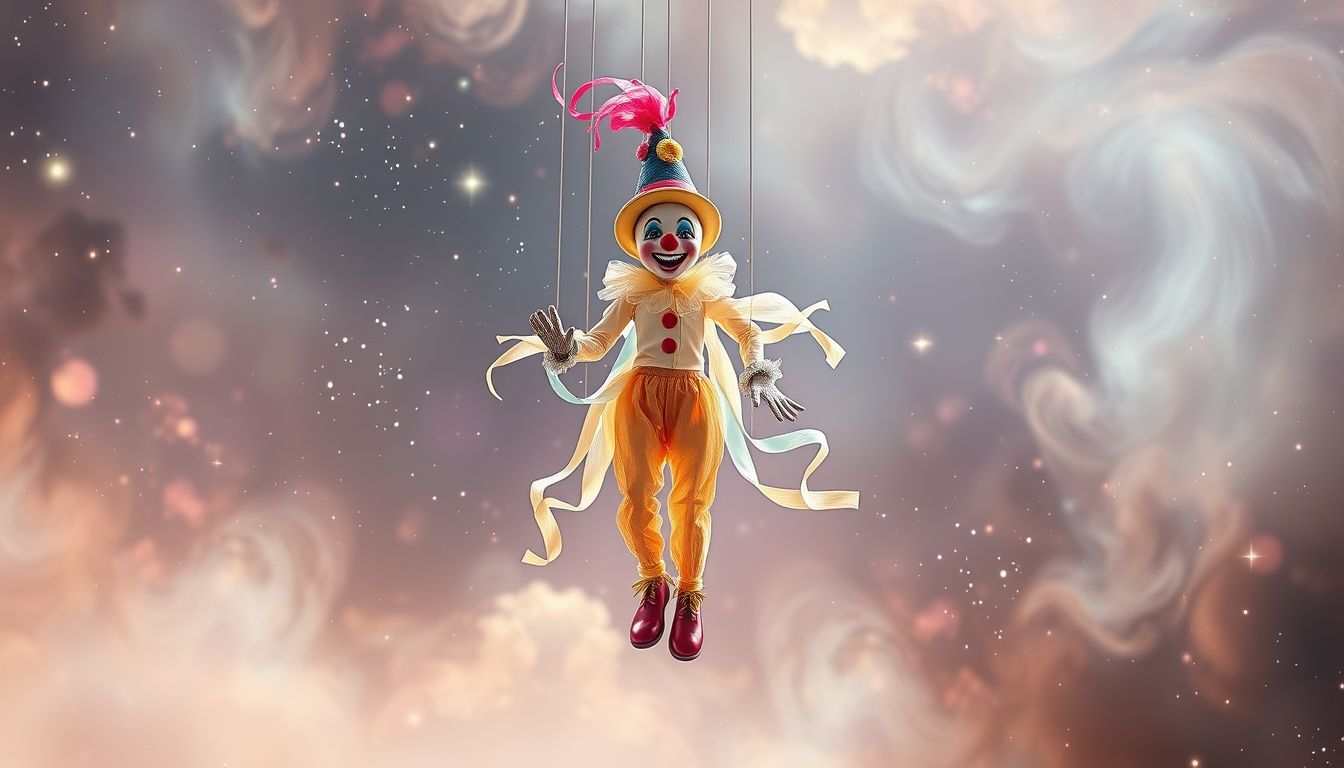 Der Marionettenclown symbolisiert spielerisch Freude und humorvolle Lebensfreude.