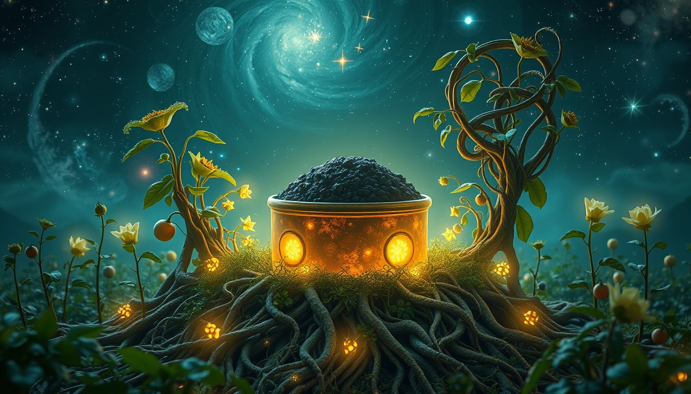 Ein Kohlenbehälter symbolisiert geerdete Energie und fruchtbares Wachstum.