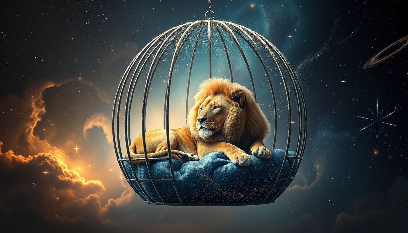 Ein Löwe im Zoo symbolisiert kontrollierte innere Stärke und Selbstbeherrschung.