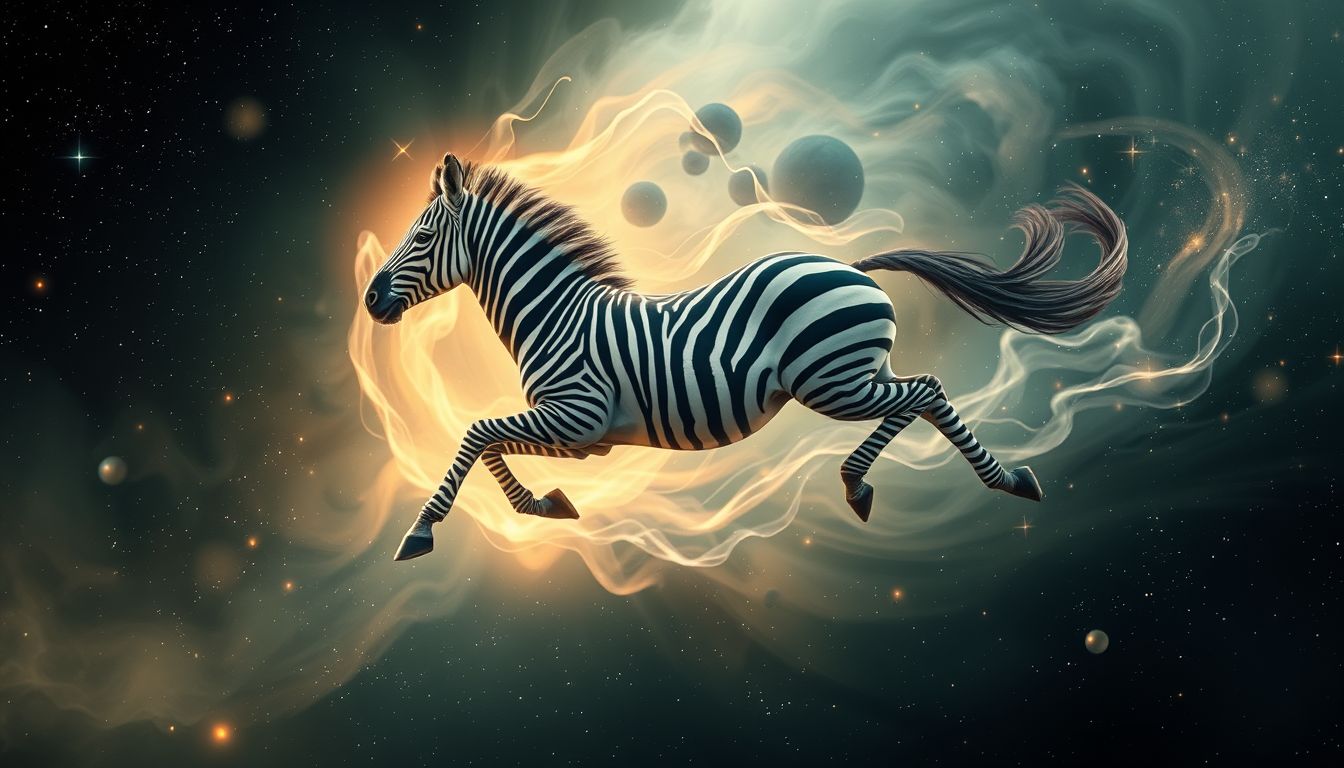 Ein laufendes Zebra symbolisiert Flucht vor Konflikten und Freiheit.