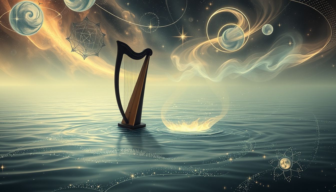 Eine Harfe im Wasser symbolisiert emotionale Reinigung und Loslassen.
