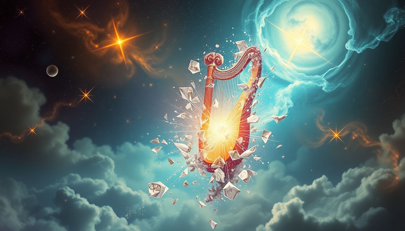 Eine zerstörte Harfe symbolisiert zerbrochene Harmonie und innere Konflikte.