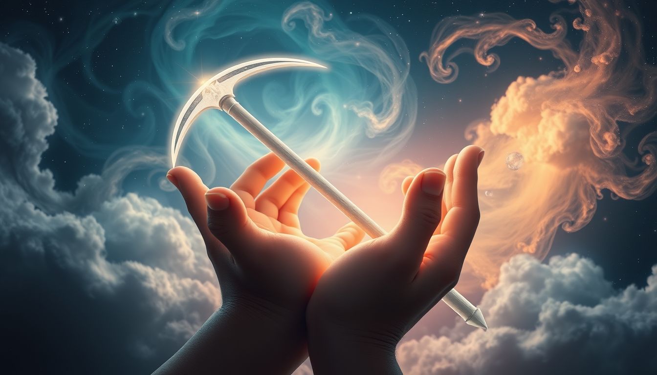 Eine Sichel in den Händen symbolisiert Kontrolle über bevorstehende Veränderungen.