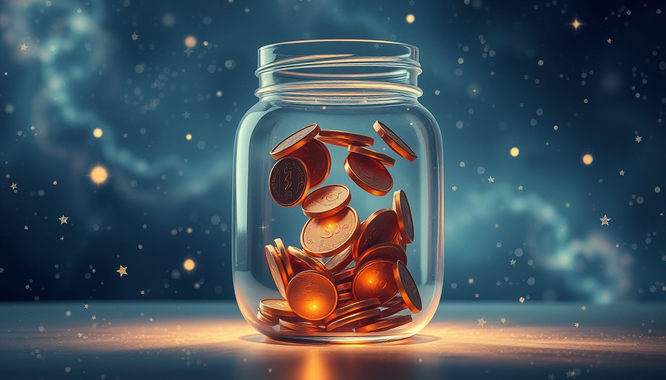 Kupfergeld in der Spardose symbolisiert langfristige finanzielle Vorsorge.