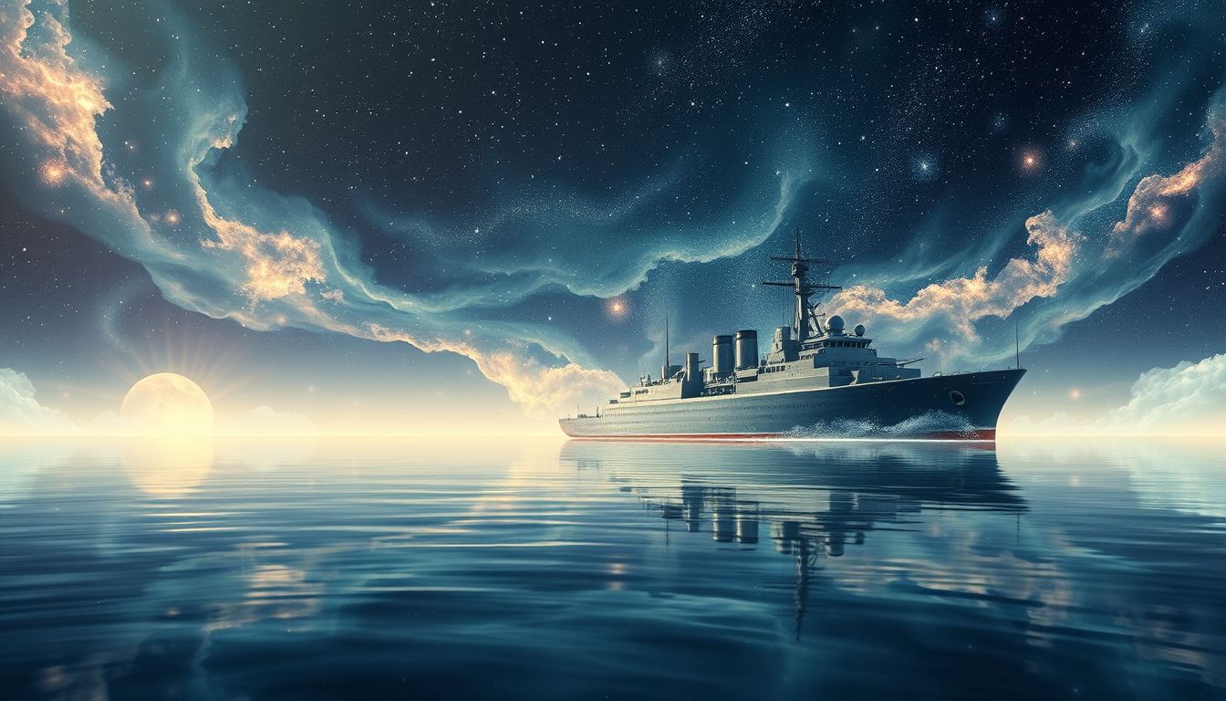 Ein Linienschiff im ruhigen Wasser symbolisiert innere Stabilität und Frieden.