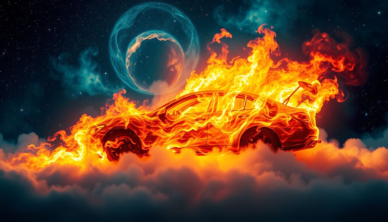 Ein brennendes Auto symbolisiert zerstörerische Wut und inneren Wandel.