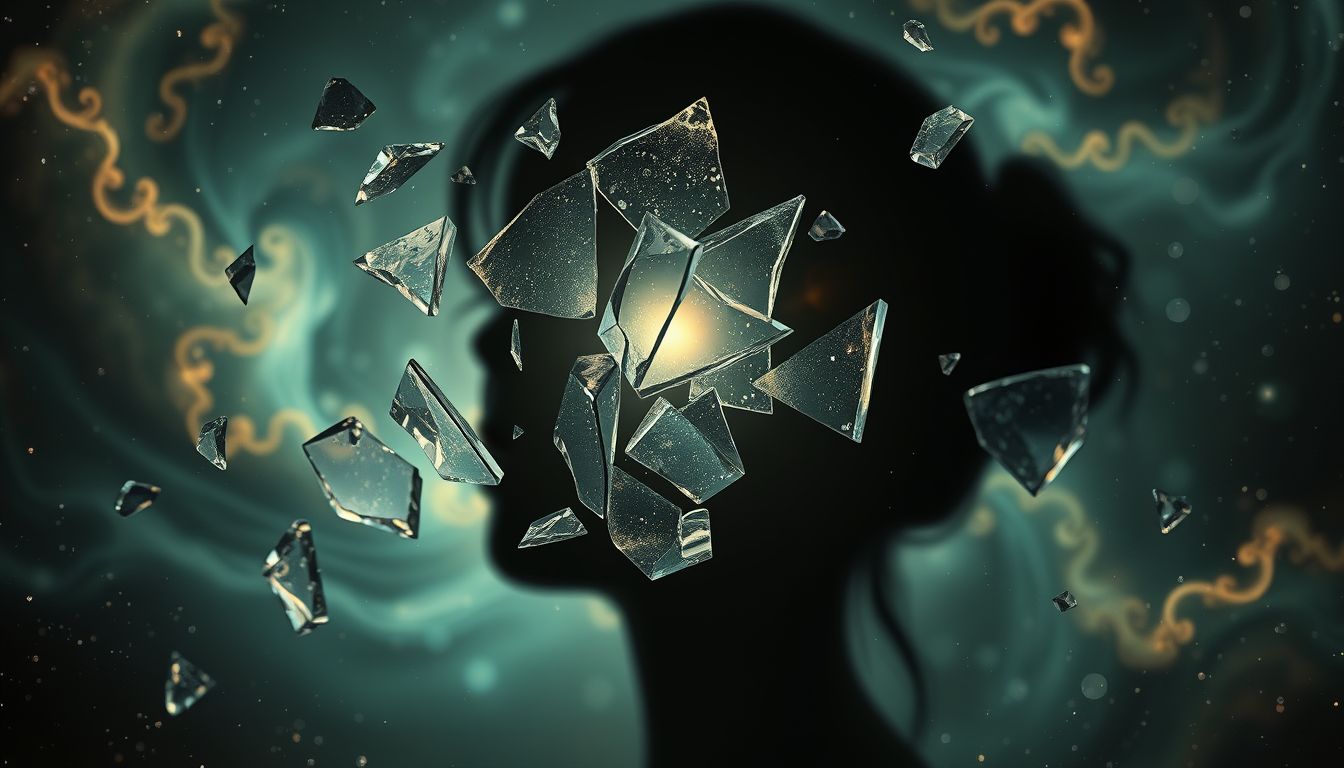 Zersplitterte Windschutzscheibe symbolisiert innere Verletzlichkeit und Wahrnehmungsverzerrung.