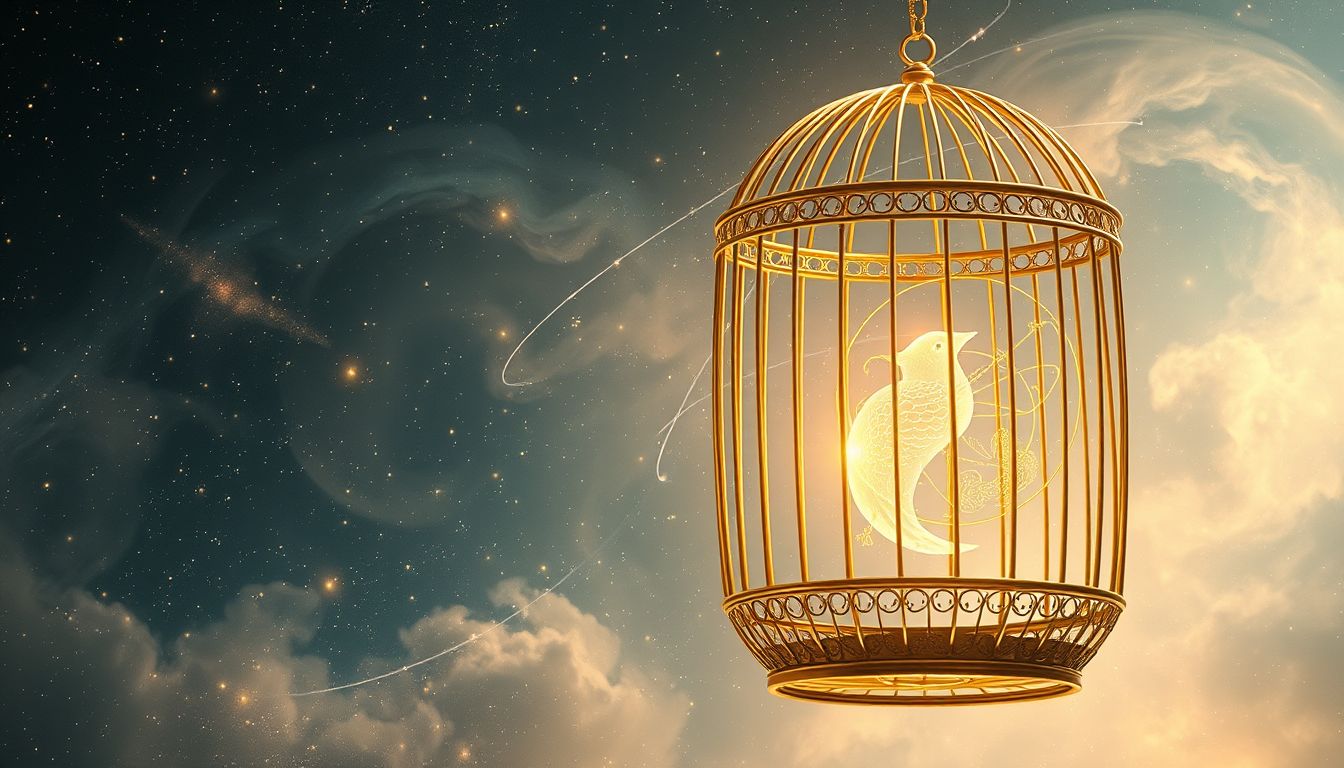 Ein goldener Käfig symbolisiert verlockende, aber einschränkende Freiheit.