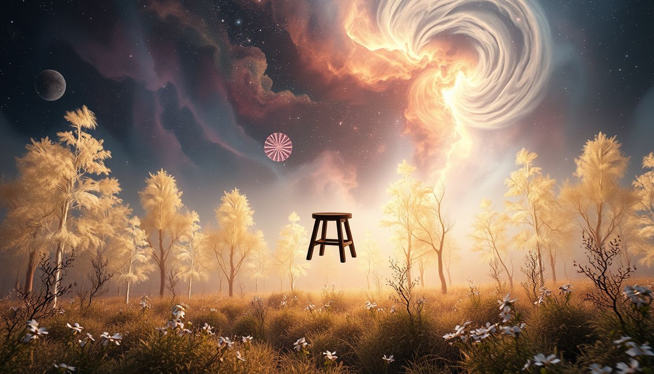 Ein Schuhmacherhocker im Wald symbolisiert unerwartete Ruhe und Selbstfindung.