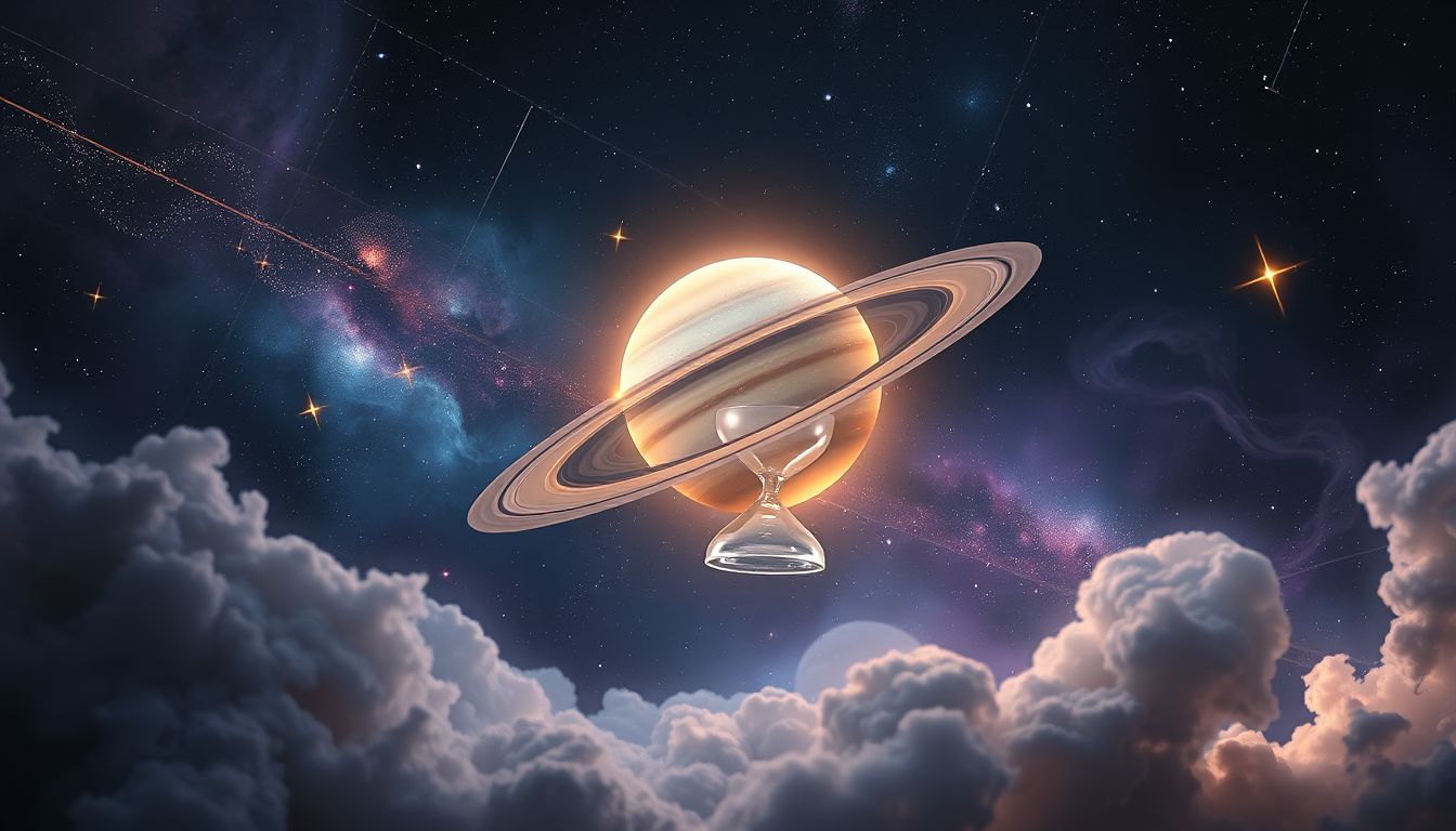 Saturn als Sanduhr symbolisiert begrenzte Zeit und Geduld im Traum.