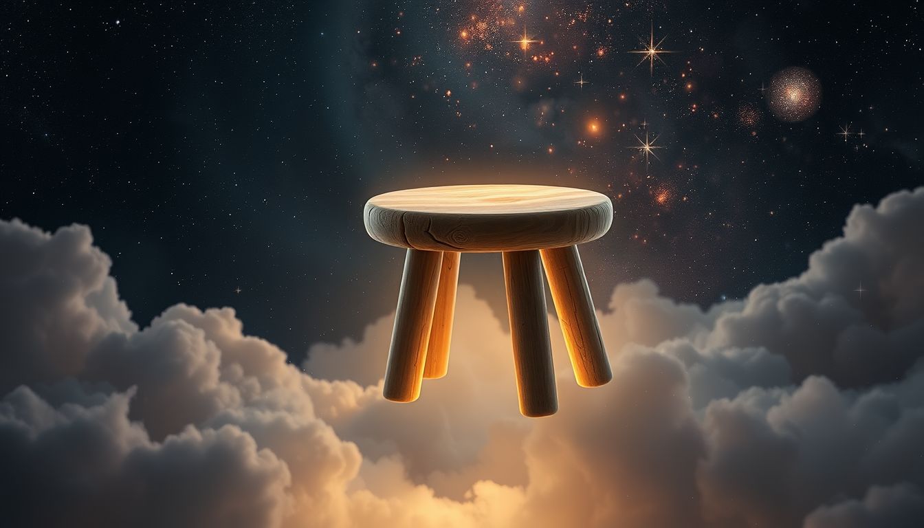 Ein abgenutzter Schuhmacherhocker symbolisiert vergangene harte Arbeit.