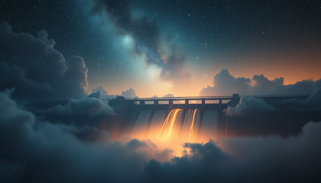 Ein Staudamm bei Nacht symbolisiert verborgene Emotionen und Kontrolle.
