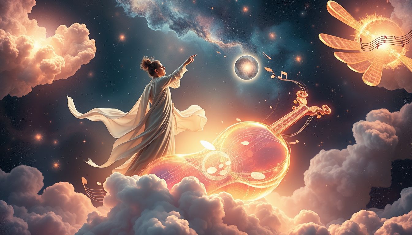 Ein Dirigent mit ungewöhnlichem Instrument symbolisiert kreative Lebensführung.