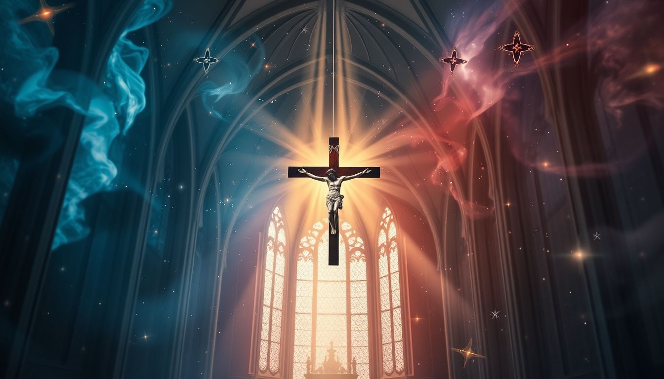 Ein Kruzifix in der Kirche symbolisiert spirituellen Schutz und Erlösung.