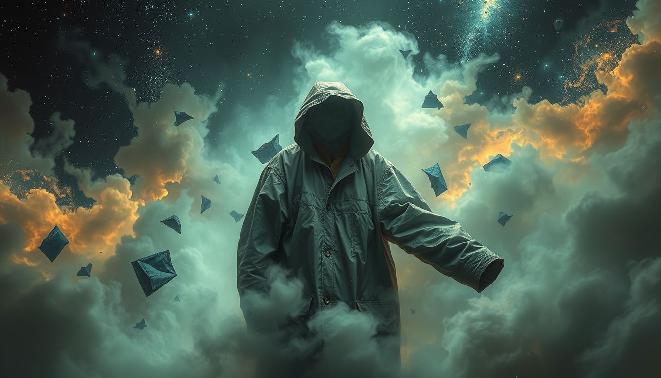 Ein abgenutzter Regenmantel symbolisiert getragenes Seelenleid und Sorgen.